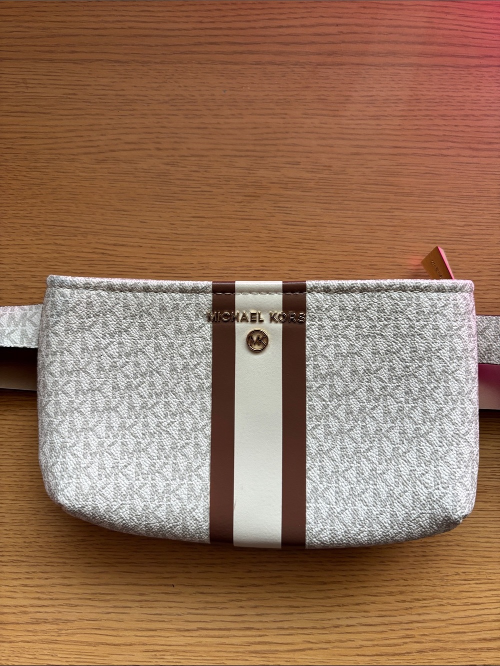 Michael Kors White and Brown Logo Belt Bag